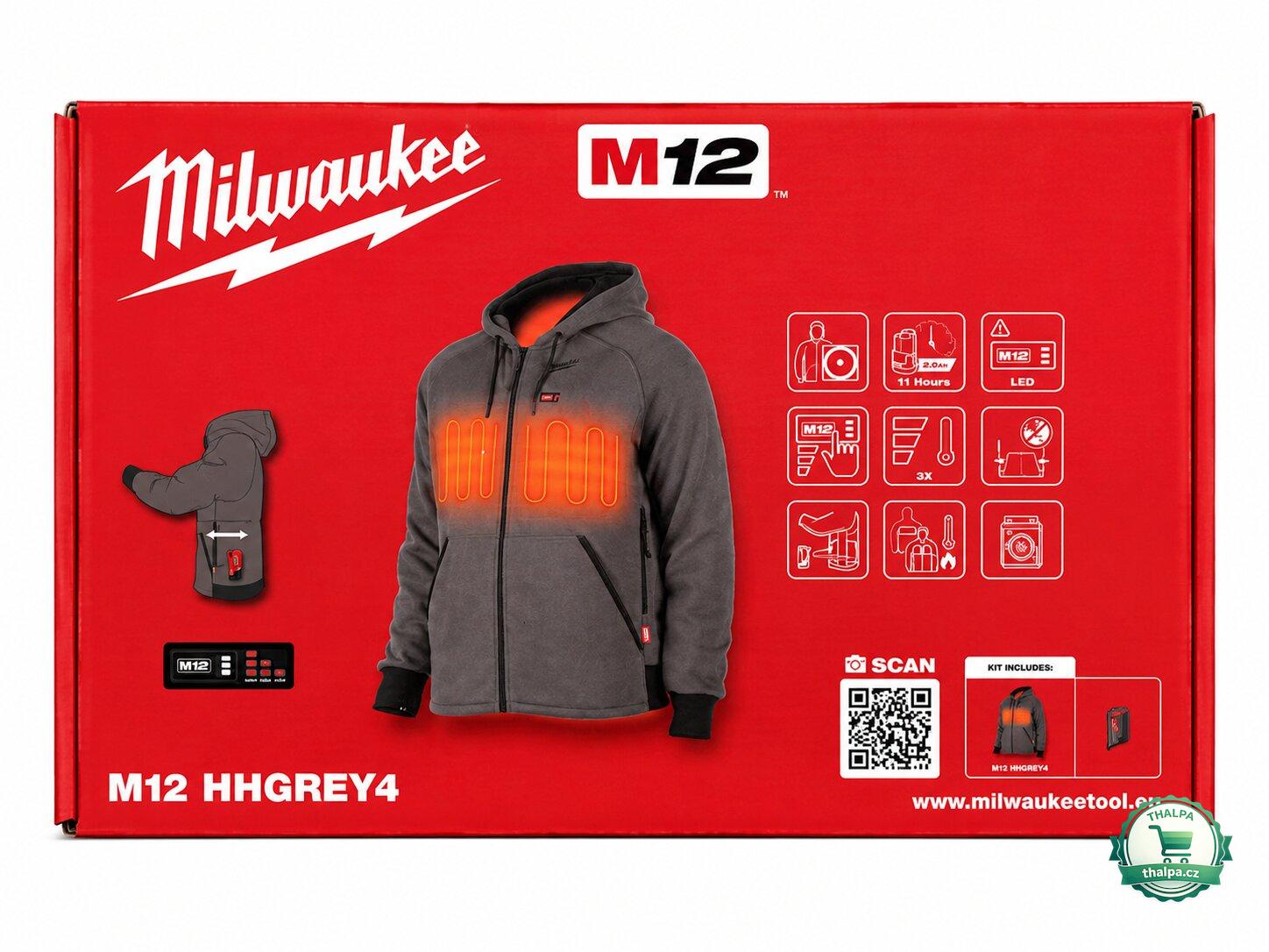 Milwaukee aku vyhřívaná mikina s kapucí M12 HHGREY4-0 – šedá, velikost L